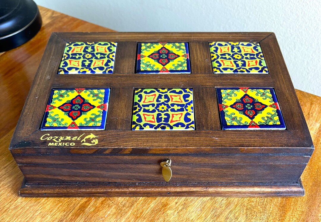 Cozumel Mexico Wood Box With Tiles Top Perfect Mexican Decor for Tea or ...
