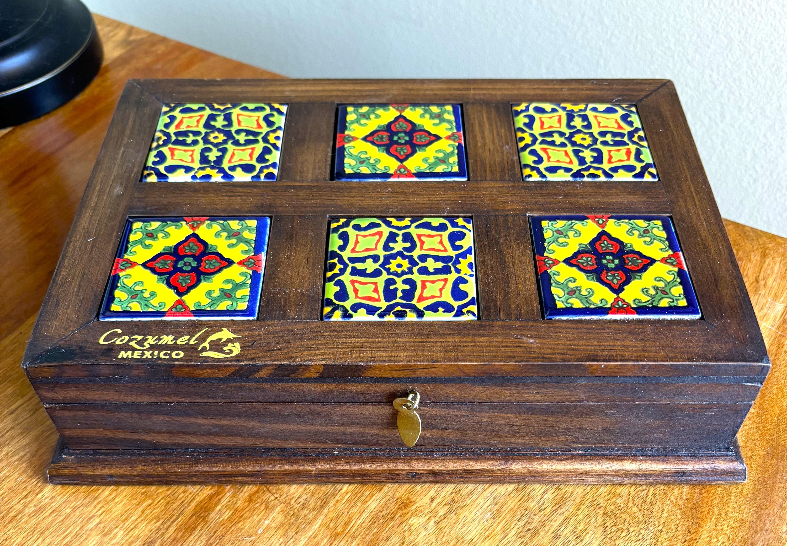 Cozumel Mexico Wood Box With Tiles Top Perfect Mexican Decor for Tea or ...