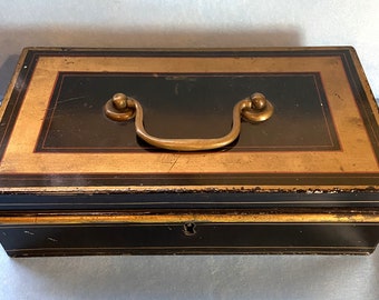 Vintage Black Gold & Red Metal Cash/Document Box with removable inside 3 section tray used for coins
