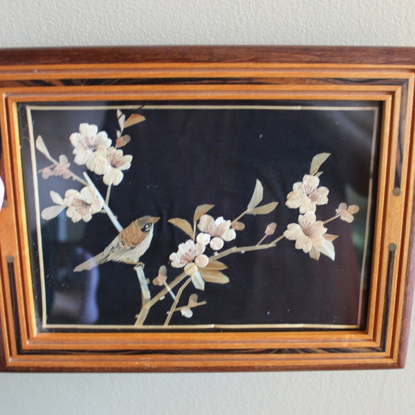 Vintage Wheat Straw Art Painting Marquetry Bird on Flowering Tree in beautiful inlay wood frame