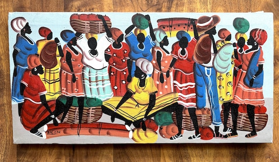 【ハイチアート】絵画 マーケット サイン有り ハイチアン　ヴィンテージ Amazing Vintage Haitian Painting Signed Pierre , Haiti Hand