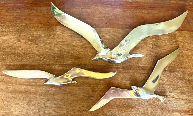 3 Brass Seagulls Wall Hanging Birds MCM Decor Gold Flying Vintage Mid century Modern decor