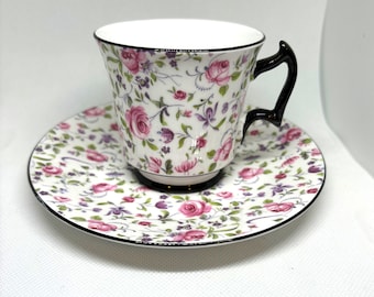 Gorgeous Vintage Royal Chelsea English Bone China Rose Floral Chintz Tea Cup Saucer Black Handle and trim