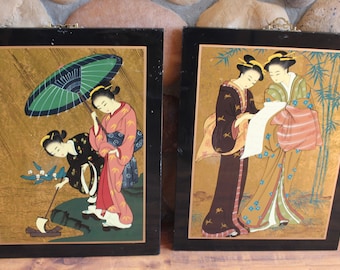 2 Beautiful Vintage Black Lacquer Chinese Paintings Wall Panels Geisha