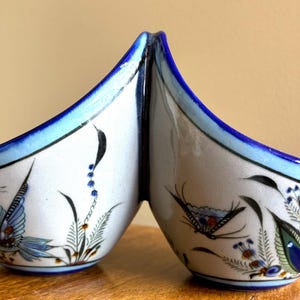 Ken Edwards Pottery Collection Series Double Dish Salsa Condiment Bowl with handle & 2 spoons