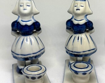 Vintage Pair of Holland Dutch Girl Candle Holders Porcelain Blue White 5 inch Delft Blue