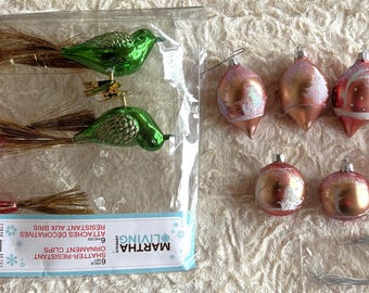 Fast Shipping! !  Martha Stewart Lot 7 Rose Gold/ pink Hand decorated Glass Ornaments Christmas balls + 5 Bird Clip Ornaments