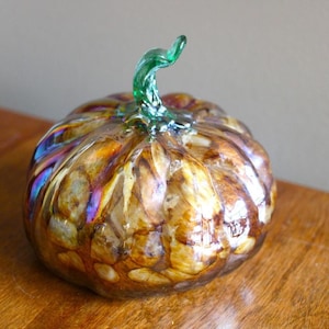 5&quot; Glass Art Hand Blown Pumpkin Iridescent Amber & Green Stem Fall Halloween