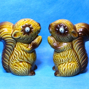 May include: A pair of brown ceramic squirrel salt and pepper shakers with white eyes. The squirrels are standing on their hind legs with their front paws raised.