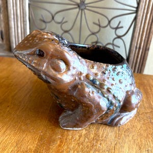 May include: A brown and blue glazed ceramic frog planter. The frog has a textured surface and a wide open mouth that forms the planter.