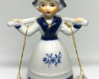 Vintage Porcelain Bell Holland Dutch Girl Carrying Milk Jugs 5.5 inches tall