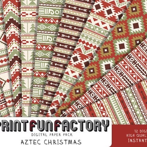 May include: A digital paper pack featuring 12 different patterns with red, green and white geometric designs inspired by Aztec art. The patterns are ideal for creating festive Christmas crafts.