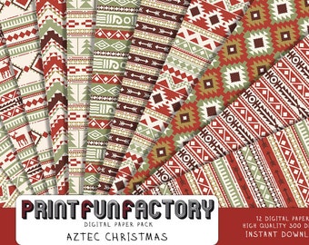 Puede incluir: Un paquete de papel digital con 12 patrones diferentes que presentan diseños geométricos rojos, verdes y blancos inspirados en el arte azteca. Los patrones son perfectos para crear manualidades navideñas festivas.