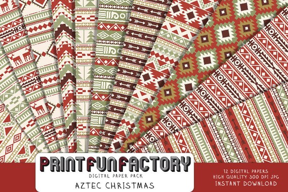 Aztec Christmas digital paper - Christmas aztec tribal pattern background paper  - 12 digital papers (#163) INSTANT DOWNLOAD