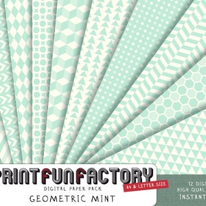 Op de afbeelding: Een verzameling van 12 digitale papieren met geometrische patronen in mintgroen en gebroken wit. Ontwerpen omvatten chevrons, ruiten, driehoeken en zeshoeken. De tekst "PRINTFUNFACTORY" en "GEOMETRIC MINT" zijn zichtbaar.