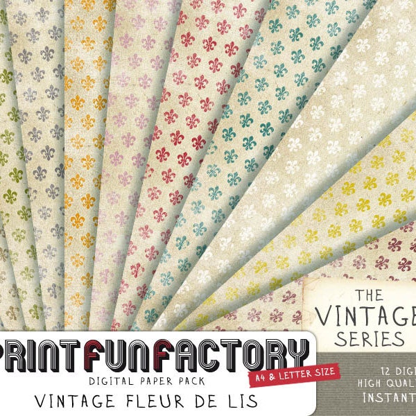 Fleur de lis digital paper - vintage look french flower pattern on old distressed paper background- 12 digital papers (088) INSTANT DOWNLOAD