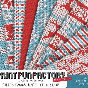 Christmas digital paper - Scandinavian Christmas knit red and blue scrapbook backgrounds - 12 digital papers (#116) INSTANT DOWNLOAD