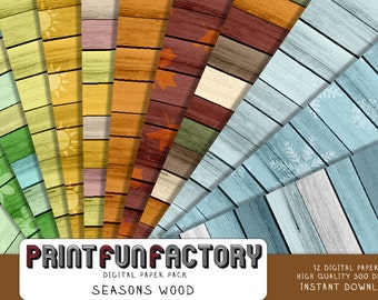 Wood digital paper - Seasons spring summer autumn winter colors on wood 12 digital papers (#171) INSTANT DOWNLOAD