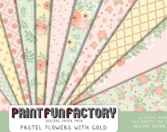 Floral digital paper - pastel flowers with gold background paper - 12 digital papers (#203) INSTANT DOWNLOAD