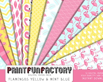 Flamingo digital paper - Flamingo pink, yellow & mint blue background paper  - 12 digital papers (#208) INSTANT DOWNLOAD