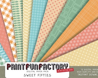 Fifties digital paper - retro 50s patterns - 12 digital papers (069) INSTANT DOWNLOAD