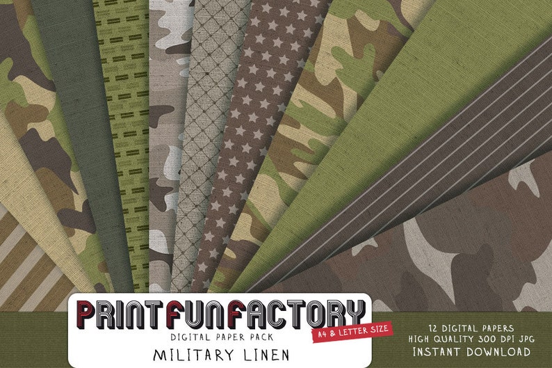 Military Linen digital paper army camouflage pattern fabric 12 digital papers 086 INSTANT DOWNLOAD image 1