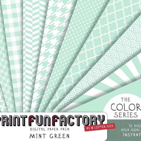 Mint green digital paper - Mint paper scrapbook backgrounds - 12 digital papers (#052) INSTANT DOWNLOAD