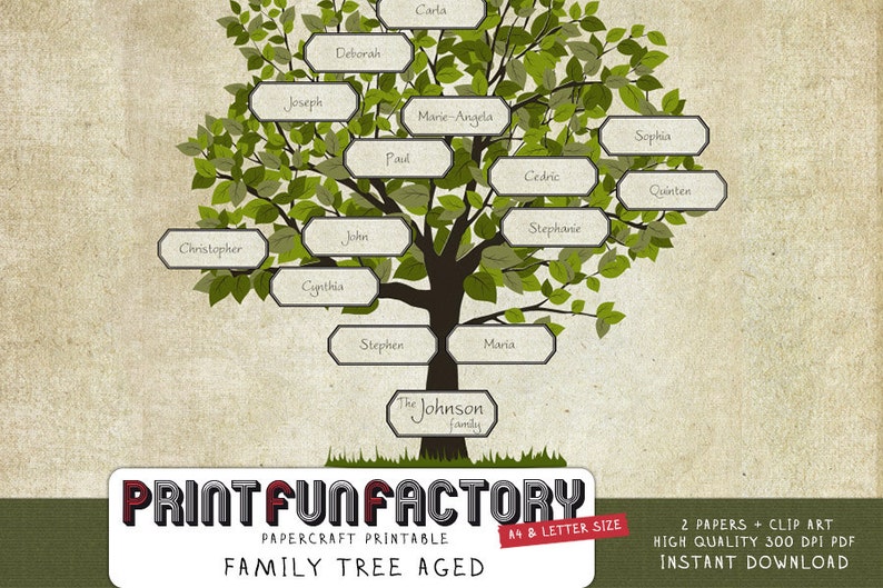 Op de afbeelding: Een illustratie van een stamboom met een boom, groene bladeren en naamlabels. De boom is gelabeld met "The Johnson family". De onderkant van de afbeelding bevat de tekst "PRINTFUNFACTORY" en "FAMILY TREE AGED".
