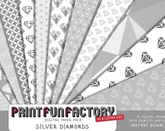 Diamonds digital paper - silver diamonds pattern scrapbook backgrounds - 12 digital papers (#135) INSTANT DOWNLOAD