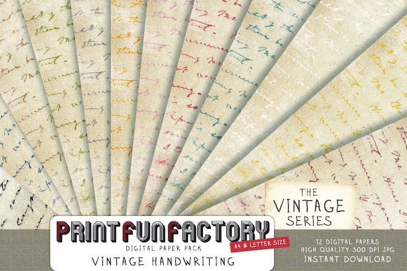 Handwriting digital paper Vintage writing text on old distressed paper 12 digital papers 078 INSTANT DOWNLOAD image 1