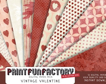 May include: A digital paper pack featuring 12 vintage Valentine's Day patterns in red and cream. The patterns include hearts, polka dots, stripes, and floral designs. The text "PRINTFUNFACTORY" and "VINTAGE VALENTINE" is displayed on the image.