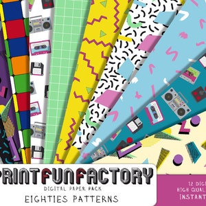 May include: A digital paper pack with 12 different 80s themed patterns. The patterns feature geometric shapes, cassette tapes, floppy disks, and boomboxes in a variety of bright colors, including pink, blue, yellow, green, and black. The text "PRINTFUNFACTORY" and "EIGHTIES PATTERNS" is displayed on the front of the pack.