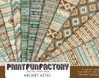 Aztec digital paper - ancient aztec tribal pattern background paper  - 12 digital papers (#162) INSTANT DOWNLOAD