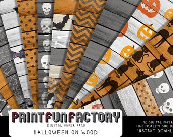 Halloween digital paper - 12 digital Halloween patterns on wood papers (#167) INSTANT DOWNLOAD