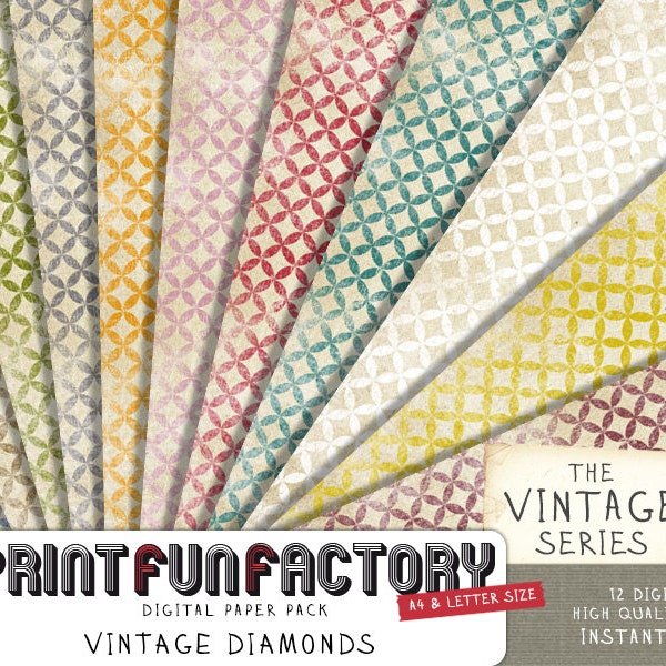 Diamonds digital paper - Vintage diamond distressed scrapbook paper - 12 digital papers (#152) INSTANT DOWNLOAD