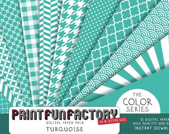 Turquoise digital paper - Turquoise pattern backgrounds - 12 digital papers (#046) INSTANT DOWNLOAD