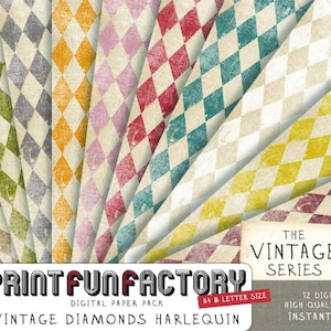 May include: A digital paper pack featuring 12 vintage diamond patterns in a range of colours, including red, blue, green, yellow, and brown. The pack is titled "Vintage Diamonds Harlequin" and offers an instant download. The text "The Vintage Series" is also present in the image.