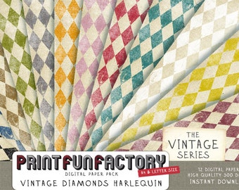 Papel digital harlequín - Fondo vintage de diamantes en apuros - 12 documentos digitales (#076) DESCARGA INSTANTÁNEA