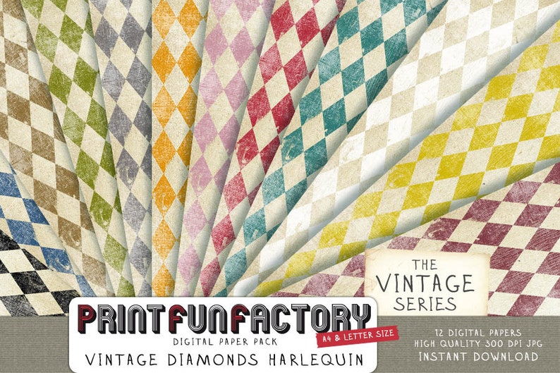 Harlequin digital paper Vintage distressed diamonds background 12 digital papers 076 INSTANT DOWNLOAD image 1