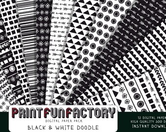 Black and white digital paper - Scandinavian black white doodle scrapbook backgrounds - 12 digital papers (#177) INSTANT DOWNLOAD