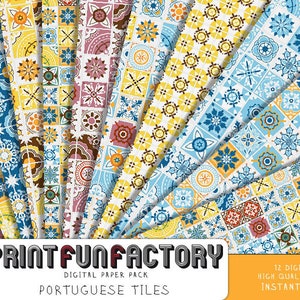 Może przedstawiać: Pakiet cyfrowych papierów z 12 różnymi wzorami portugalskich płytek. Płytki są w różnych kolorach, w tym niebieskim, żółtym i czerwonym, i mają geometryczne wzory. Tekst "PRINTFUNFACTORY" i "PORTUGUESE TILES" jest widoczny na obrazku.