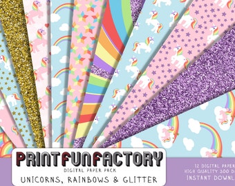 Unicorn digital paper - Unicorn rainbow glitter background paper - 12 digital papers (#206) INSTANT DOWNLOAD