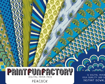 Peacock digital paper - Peacock background paper  - 12 digital papers (#187) INSTANT DOWNLOAD