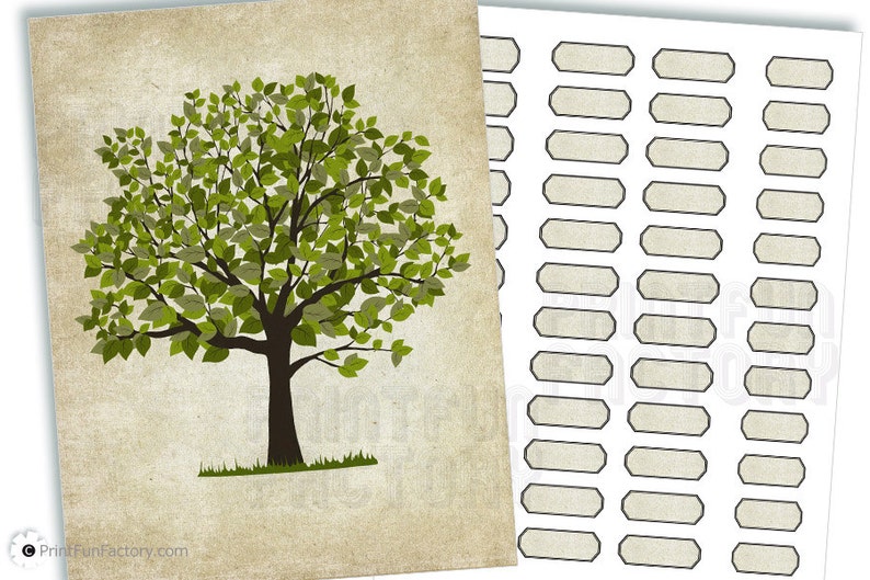 Op de afbeelding: Een print met een boom met groene bladeren en een bruine stam op een beige achtergrond. Rechts is een vel labels met een beige achtergrond en een donkergrijze rand. De afbeelding heeft een vintage esthetiek.