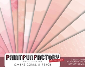 Ombre digital paper - coral and peach watercolor backgrounds wedding paper - 12 digital papers (#121) INSTANT DOWNLOAD