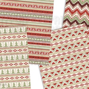 May include: Four digital paper patterns with geometric designs in red, green, and white on a cream background. The patterns feature various shapes, including triangles, diamonds, and zigzags.