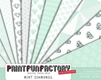 Diamonds digital paper - Mint diamonds pattern scrapbook backgrounds - 12 digital papers (#140) INSTANT DOWNLOAD