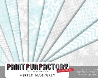 Winter digital paper - blue and gray cold snow winter snowflake patterns background - 12 digital papers (#014) INSTANT DOWNLOAD