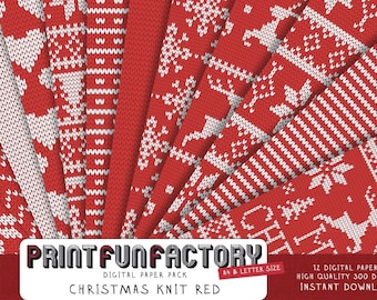 Christmas digital paper - Scandinavian Christmas knit red scrapbook backgrounds - 12 digital papers (#115) INSTANT DOWNLOAD