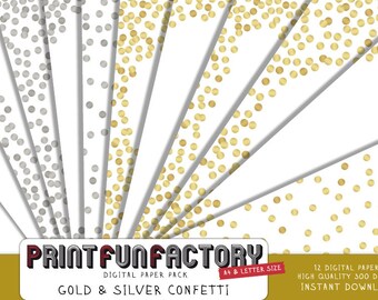 Confetti digital paper - Gold and silver confetti dots background paper  - 12 digital papers (#153) INSTANT DOWNLOAD